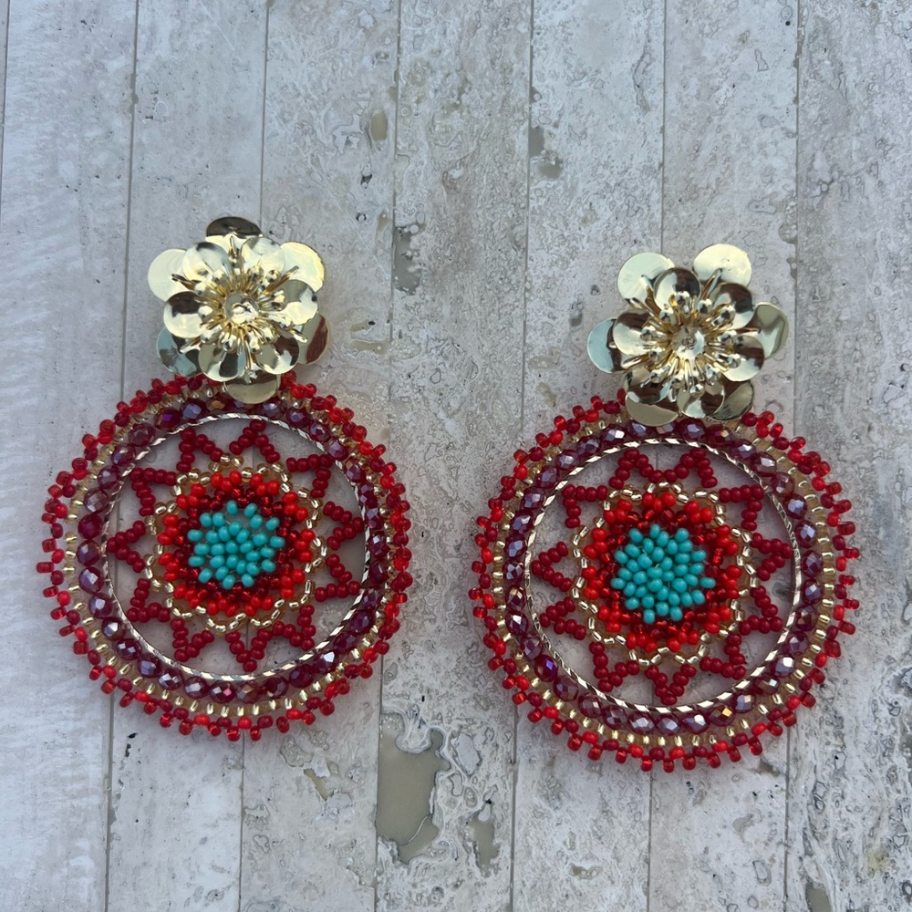 Handmade Colombian red flower beaded Statement Earrings - Light Weight!